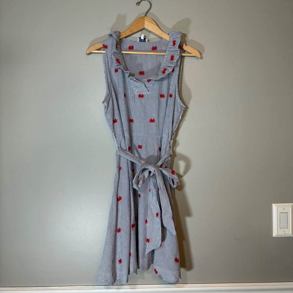 Crown & Ivy Blue White Seersucker Crab Embroidered Ruffle Scallop Dress Large